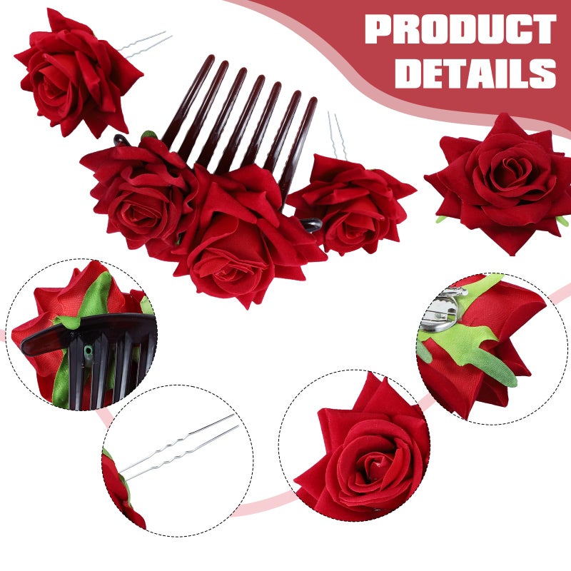 ROBOHOOK 4 Pcs Rose Hair Clip Flowers for Women, Red Flower Accessories Headband Bride Clips Combs Hair Decor for Party Wedding Gift - Image 3